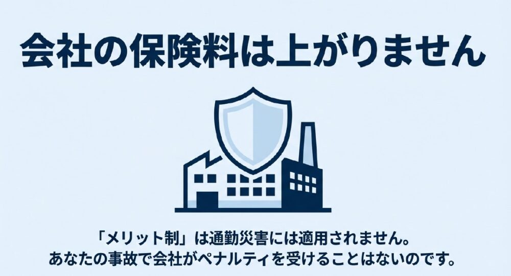 通勤災害にはメリット制が適用されないため、労災を使っても会社の保険料は上がらないことを解説する図