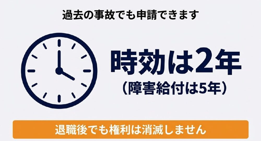 労災申請の時効は2年あり、過去の事故や退職後であっても申請権利は消滅しないことを示す時計のイラスト