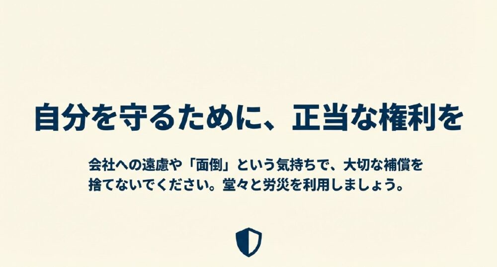 会社への遠慮や面倒という気持ちで補償を捨てず、自分を守るために堂々と労災を利用しようと訴えるメッセージ画像